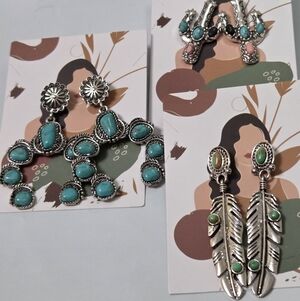 Faux Turquoise and Silvertone Women's Earrings Set
